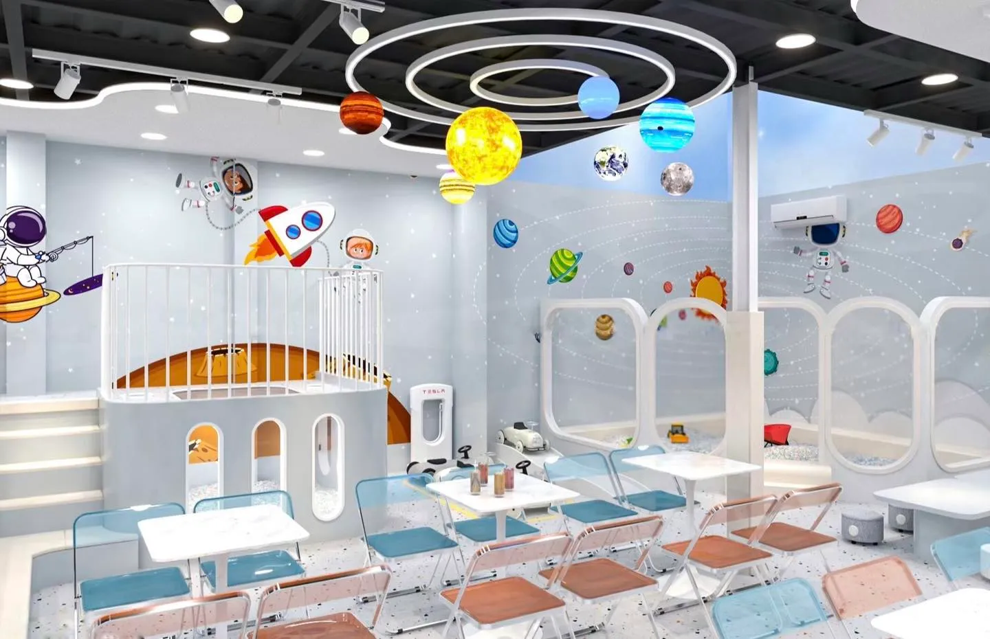 Kids cafe chủ đề 'vũ trụ' với gỗ tự nhiên và tranh tường 3D, thiết kế bởi Anhuydecor